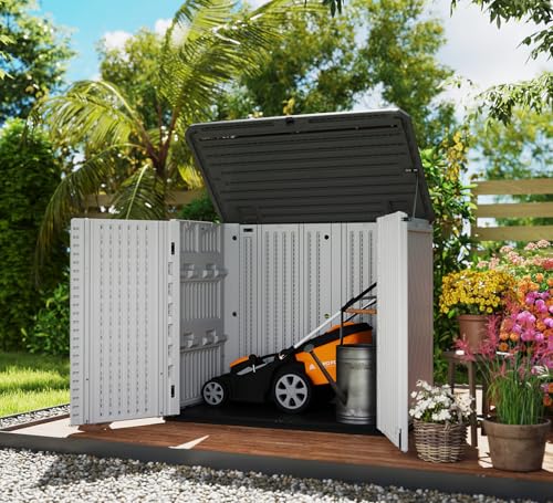 Image of HOMSPARK Storage Shed Weather Resistance, Multi-Purpose Outdoor Storage Cabinet for Backyards and Patios, Horizontal Storage Shed for Lawnmower, Patio Accessories (White 1, Large - 26 cu.ft)
