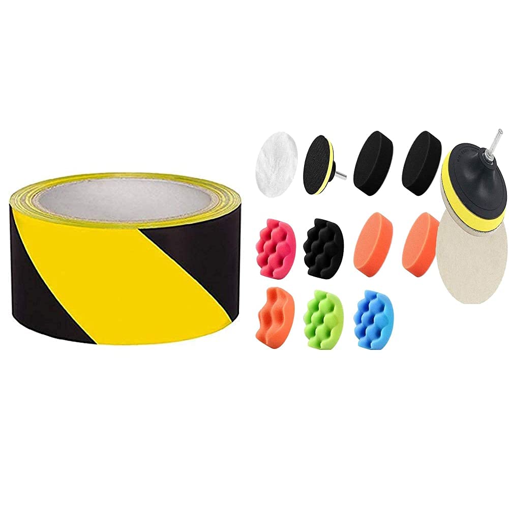 DIY Crafts 21364 2" Black Yellow Hazard Warn Stripe Tape High Visibility Barricade Adhesive Tape for Floor+ 52485 12 Pcs 3 s Sponge en Felt Wax Buff s With