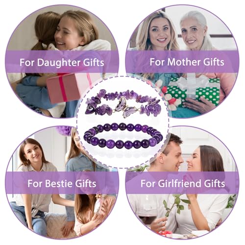 2Pcs Amethyst Beaded Bracelets for Women Stretch Purple Crystal Bead Friendship Bracelet with Butterfly Charms Stretchy Layered Bracelets Jewelry Gifts for Women Best Friend4