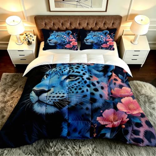 Gumntun Edredón Estampado Cama 90-150x200 cm Leopardo de Flores Negras, 3 Piezas Edredon Lavable sin Funda, 3D Impresión Microfibra Juego de Cama (2 Funda de Almohada 50x75 cm)_B20421