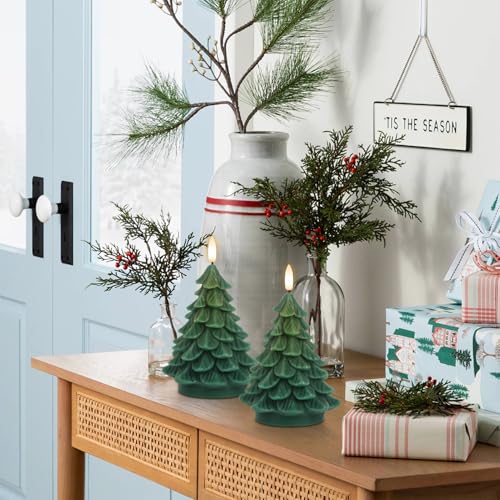 Image of Eldnacele Christmas Tree Flameless Candle with 6 Hour Timer, Battery Operated Real Wax 3D Wick Flickering Pillar Green LED Candles Xmas Eve Holiday Decor (2Pcs,2.76 inchx5.9 inch)