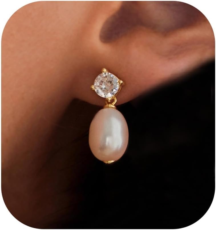 Pearl Earrings: 14k Gold/White Gold/Rose Gold Plated Cubic Zirconia Accented Pearl ...