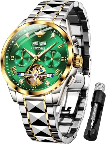 OUPINKE Mens Green Watches Automatic Skeleton Mechanical Self Winding Tourbillon