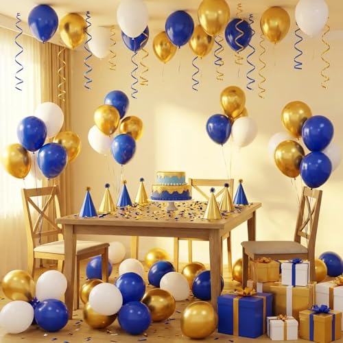 Image of Hiquaty Blue and Gold Balloons,60pcs Royal Blue Balloons,12 Inch Blue and White Balloons with Blue Ribbon for New Year Party Wedding Bridal Shower Decorations