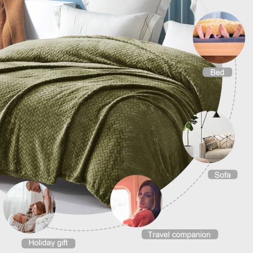 Image of Exclusivo Mezcla Soft Fleece Bed Blanket Twin Size, 60 inchx80 inch, Olive Green | Cozy Fluffy Lightweight Blankets for Summer, Decorative Plush Flannel Throws for Living Room, Bedroom with Leaves Pattern