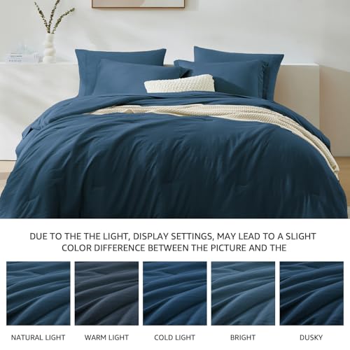 Image of Queen Comforter Set-7 Pieces Soft Prewashed Bed in a Bag Queen Bedding Sets | All Season Comforter with Sheets, Pillow Shams & Pillowcases,Blue