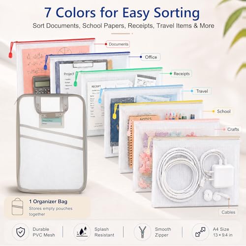 7 Pack PVC Mesh Zipper Pouch Set with 1 Organizer Bag A4/Letter Size Translucent File Bags Water-Resistant Plastic Document Pouches for Office College School & Travel Supplies (8pcs) — view 4