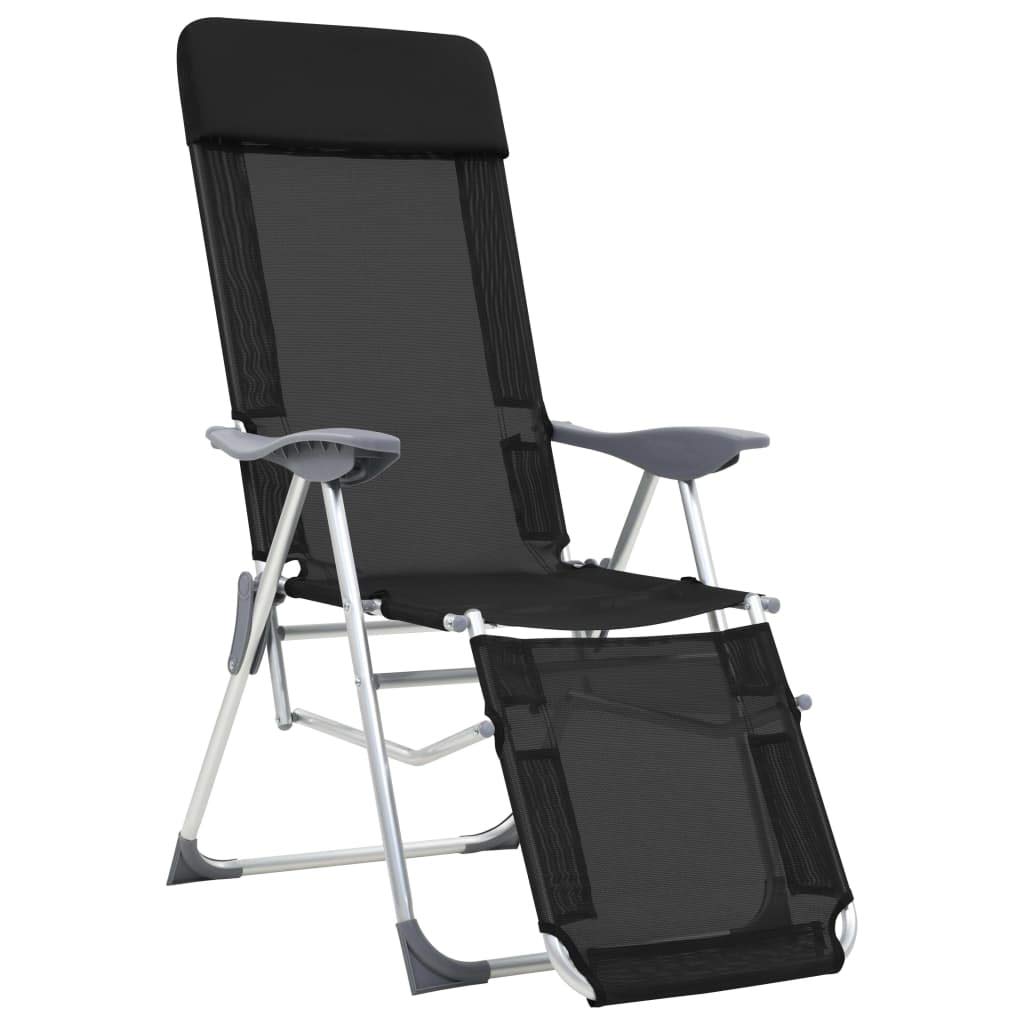 Klappbare Liegestühle mit Fußteil 2 STK. Schwarz Textilene, Verstellbare Campingliegen für Outdoor, Langlebige Aluminium Konstruktion und Atmungsaktives Gewebe