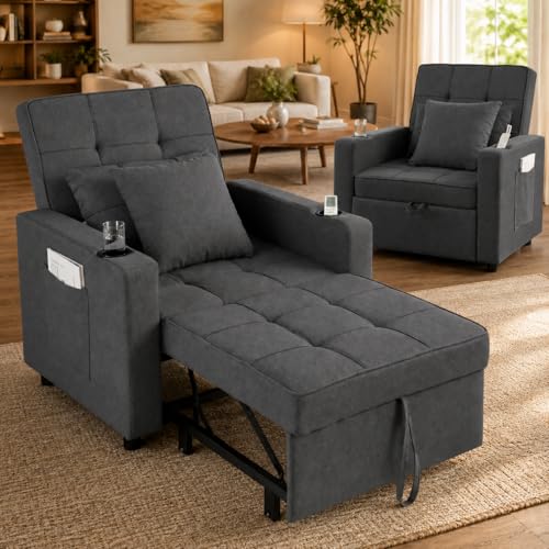Makika Fauteuil Convertible Lit Tommy Pliable 3en1 avec Accoudoirs - Dossier réglable 6 Positions - 2 Coussins Porte-Boisson - Jusqu'à 150 kg Chauffeuse...