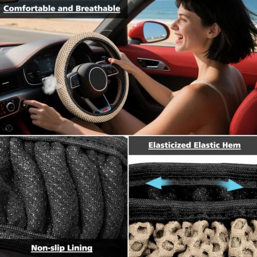 Image of KAFEEK Elastic Stretch Steering Wheel Cover, Universal 15 Inch, Beige