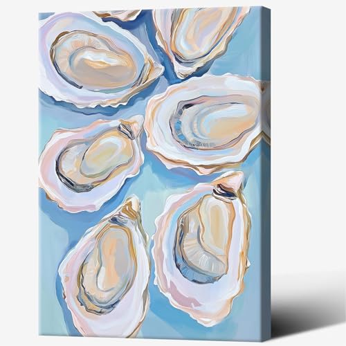Image of Pastel Blue Oyster Shell Poster Abstract Coastal Shell Canvas Wall Art Funky Colorful Summer Beachy Picture Prints Painting For Home Living Room Kitchen Restaurant Wall Decor 8x12in Framed