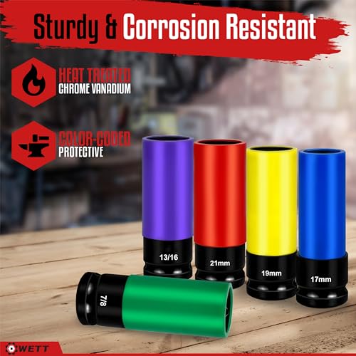 Image of WETT 1 /2-Inch Drive Lug Nut Socket Set, 5-Piece Wheel Protector Thin Wall Deep Impact Socket with Color-Coded Protective, (Metric 17mm, 19mm, 21mm & SAE 13 /16 inch 7 /8 inch) CR-V Steel, 6 Point, Non-Marring