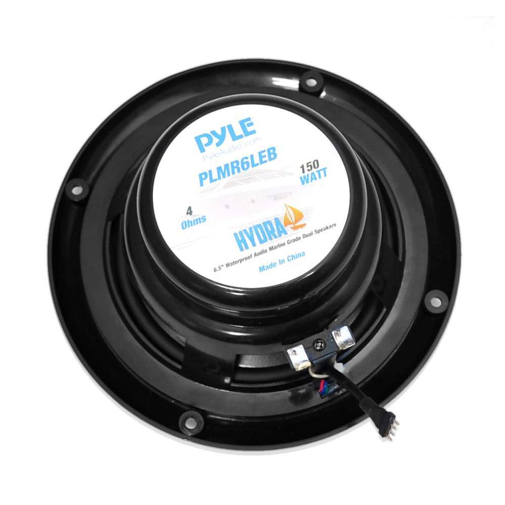 Pyle 6.5” Dual Marine Speakers - IP44 Waterproof and Weather Resistant Outdoor Audio Stereo Sound System with Built-in Led Lights, 150 Watt Power and Polypropylene Cone - 1 Pair - PLMR6LEB (Black)