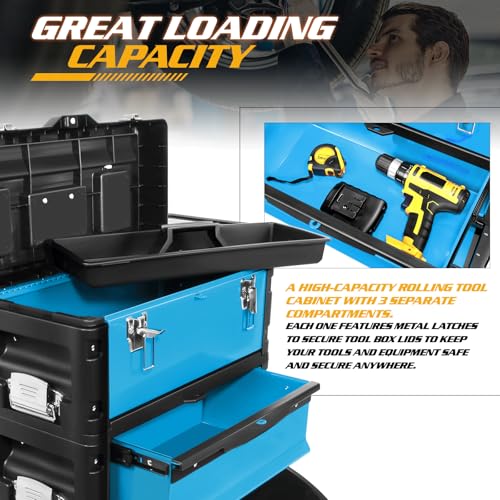 Image of Magshion Heavy-Duty Rolling Tool Box, 3-Tier Stackable Tool Chest System with Wheels & Drawers, Modular Organizer for Small Parts and Tools, Mobile Garage Workshop Storage in Black /Blue
