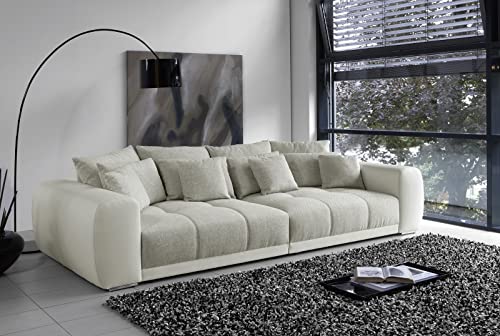 Big Sofa XXL B306/T134/H86 cm, Lounge Couch mit hochwertiger Federkernpolsterung, viele Kissen, Liegefläche 120x240 cm, Korpus Kunstleder Weiß und Bezug Strukturstoff Grau Beige / 15113