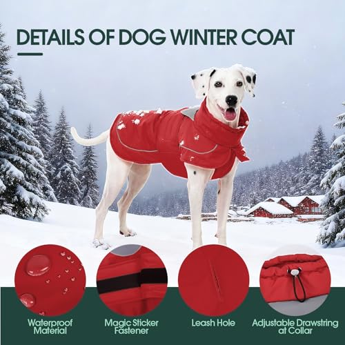 Kuoser Hundemantel Hundejacke, Warme Hundejacke für Große Hunde, Wasserdicht, Mit Reflektierendem Streifen & Leinenöffnung, Leichtes Anziehen durch Klettverschluss, Rot 2XL