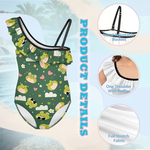 Girls One Piece Swimsuits One Shoulder Bathing Suit Hawaiian Ruffle Swimwear Summer Swim Suits for 3-14 Years3
