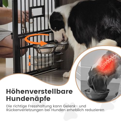 Gardner Pet Hundekäfig Möbel, 99cm Hundebox für Zuhause, Moderne Hundehütte Indoor mit 3 Türen und verstellbaren Näpfen, Hundehaus aus Metall und Holz für mittlere Hunde, 99x65x69 cm, Grau