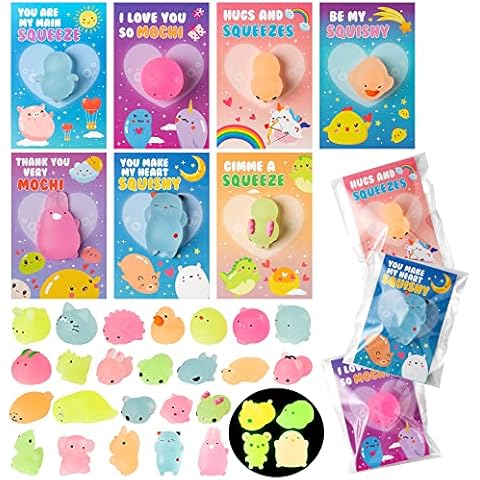 Haooryx Valentine's Day Cards with Mochi Toys Glow In The Dark Squeeze Mochi Toys Mini Kawaii Animals Stress Relief Anxiety Toys for Kids Valentine Party Favors Classroom Gift Exchange School Prize Cover