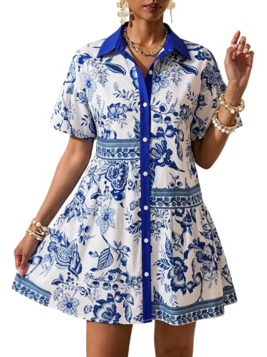 Image of SOLY HUX Women's Floral Button Down Shirt Dress Collared Short Sleeve Ruffle Babydoll Summer Boho Vacation Short Dresses