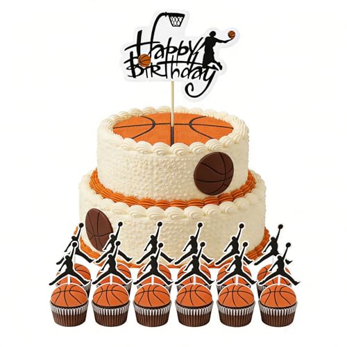 Fesnova 11 adornos de baloncesto para cumpleaños de cumpleaños, color negro, Happy Birthday Cake Topper para cumpleaños de niños, fiesta temática deportiva