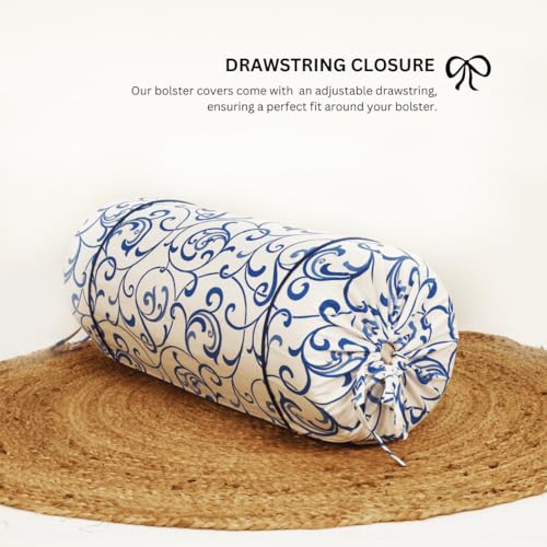 Image of AURAVE Cotton 144 TC Printed Bolster Cover with Drawstring Closure, Set of 2, Soft Breathable Durable Machine Washable for Sofa Bed & Home Decor, 15 inchx30 inch, Blue | Cover Only