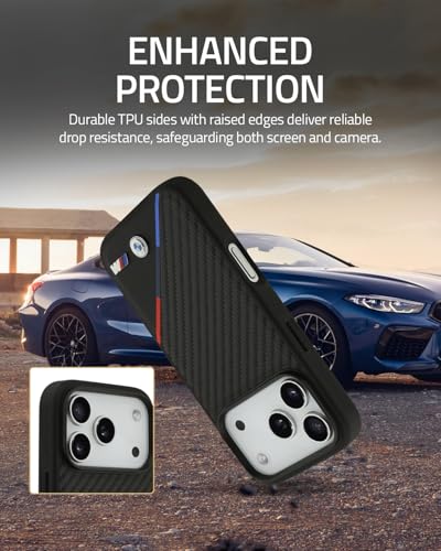 Image of CG MOBILE BMW [Official Licensed] Protective Case Designed for iPhone 17 Pro Max |Magnetic Compatible|M Collection|Pu Leather Case Carbon & Tricolor Stripe with Metal Logos -Black