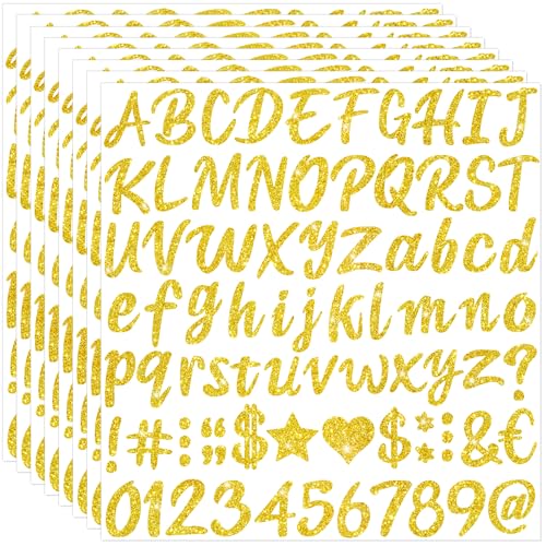 640 Pcs Gold Letter Stickers Glitter Alphabet Stickers 8 Sheets Self-Adhesive A-Z Letters with Numbers & Symbols Sparkly DIY Craft Decals for Graduation Cap Water Bottles Scrapbooking Supplies(Gold)