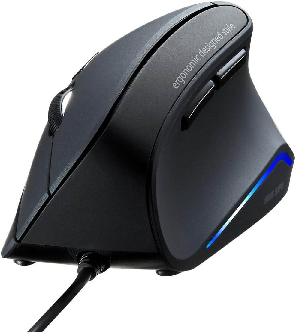 SANWA Wired Ergonomic Mouse, USB Vertical Computer Mice, Natural 55° Angle, Wrist Strain Relief, 1000/1600 DPI, 5 Buttons, Compatible with Windows, Mac, Laptop, PC, Home Office Use, Black