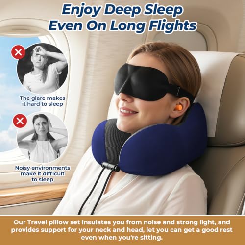 Image of ExploreBliss Travel Pillow, Memory Foam Neck Pillow Airplane, Blue | Travel Pillows for Airplanes, Neck Pillow Airplane, Memory Foam Neck Pillow Set with Eye Mask, Earplugs