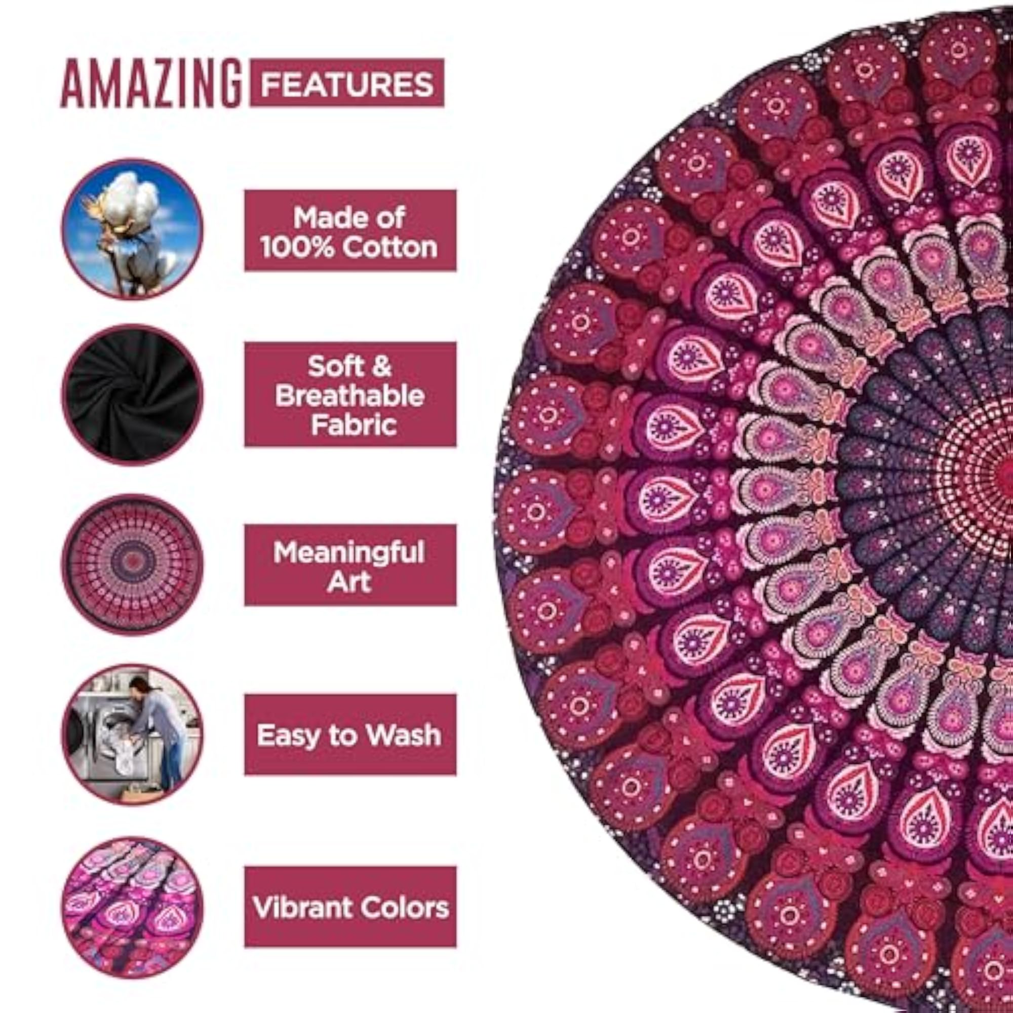 Purple Round Beach Tapestry, Hippie Boho Mandala Blanket
