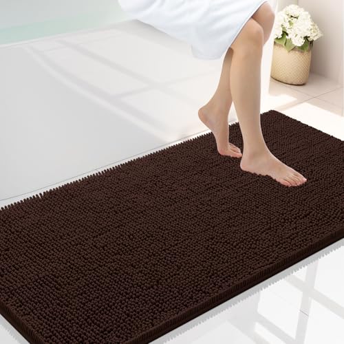 Smiry Luxury Chenille Bathroom Rugs 44x24, Extra Soft and Absorbent Shaggy Bath Mat, Machine Washable, Non-Slip Plush Carpet Runner for Tub, Shower, and Floor, Home Decor Accessories, Brown