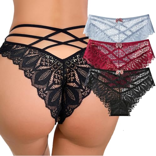 Image of Womens Sexy Thongs Lace Panties Underwear Low Rise Plus Size Underpants Pack of 1-3