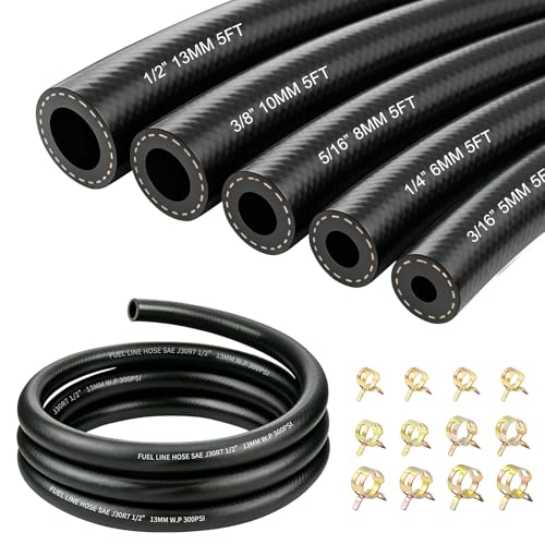 Image of smseace 45Pcs 5Ft 5-Size Fuel Line Hose Kit - 3 /8 Inch 1 /2 Inch 5 /16 Inch 1 /4 Inch 3 /16 Inch ID NBR Rubber Fuel Hose with Hose Clamps for Small Engines Automotive Replacement Fuel Hoses