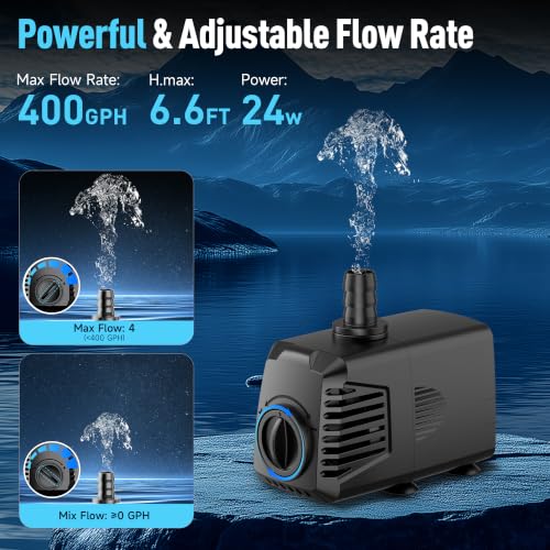 Image of 400GPH Submersible Water Pump, Water Fountain (1500L /H, 24W) with 6.6FT High Lift Adjustable & 2 Nozzles & 9.8FT Cord, Ultra Quiet Aquarium Pump for Pond Fountain Waterfall Hydroponics-Q103