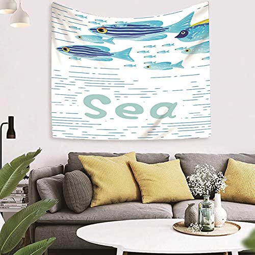 Tapiz de pared de poliéster azul lavable y resistente con estampado de peces 8