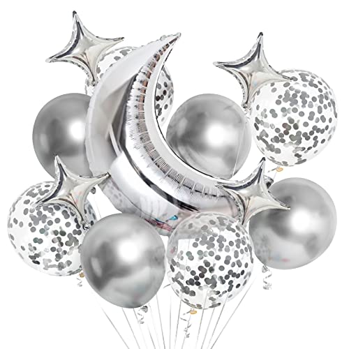 Bealif Lot de 13 grands ballons décoratifs en forme de lune et d'étoiles en Mylar argenté métallisé pour fête prénatale, anniversaire, anniversaire de...