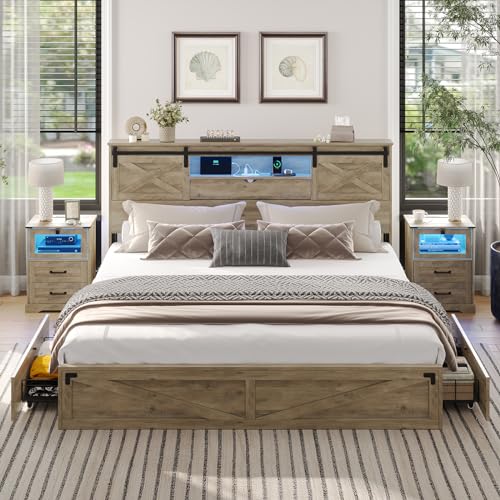 Hasuit Farmhouse Bed Frame King Size with Storage Bookcase Headboard,...