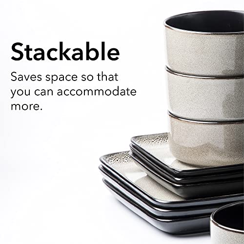 Arora Flackar Square Stoneware 16Pc Double Bowl Dinnerware Set For 4, Dinner Plates, Side Plates, Cereal Bowls, Pasta Bowls - Reactive Glaze Grey (476076) #TOP5