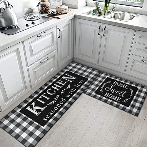 Artsocket Kitchen Rugs And Mats Non Skid Washable Set Of 2, Black White Buffalo Plaid Kitchen Runner Rug, Farmhouse Quotes Home Kitchen Floor Mat Under Sink Mat Throw Rug For Doormat #TOP2