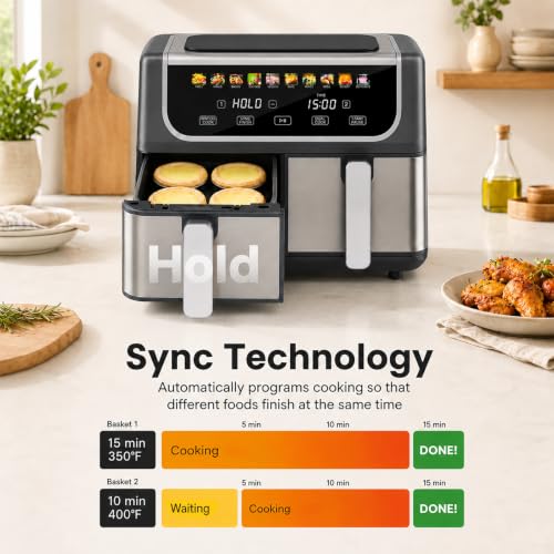 Image of OLIXIS Dual Air Fryers with 2 Baskets 9.5 Quarts Large Airfryer 10-in-1 | Independent Temp Control 80-450F, Ceramic Crisper Plate, Sync Setting, Shake Reminder, Bake Broil Defrost Dehydrate, Black