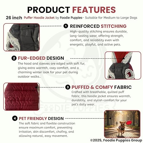 Image of Foodie Puppies Dog Puffer Hoodie Warm Winter Jacket - (Maroon Grey, 26 Inch) for Medium to Large Dogs | Ultra Warm Waterproof & Windproof Fur Coat | Washable Pet Vest Apparel for Cold Weather
