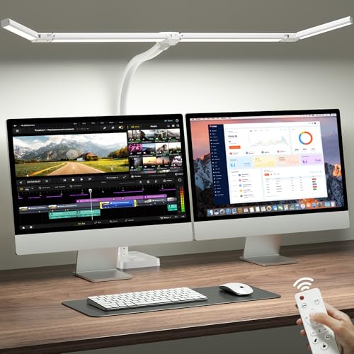 Image of ONEMIX 42 inch LED Desk Lamp for Home Office, Eye-Caring Desk Light with Adjustable 4-Segment Bar, 1800LM Bright, Remote, Architect Table Lamp with Base for Dual Monitors, Reading, Study, Workbench(White)