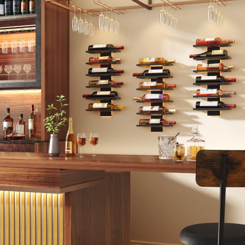 Image of Hoctieon 3-Set 6 Tier Wall Mount Wine Rack, Wall Mounted Wine Bottle Racks for Display and Storage, Hanging Bottle Holder, for Living Room, Dining Room, Bar, Wine Cellar, Black