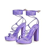 Elisabet Tang Women's Strappy Heeled Sandals, 5 inch Platform Heels Chunky Lace up High Heels Open Toe Party Shoes Purple Holographic Size 8