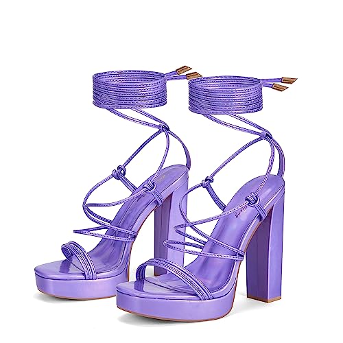 Elisabet Tang Women's Strappy Heeled Sandals, 5 inch Platform Heels Chunky Lace up High Heels Open Toe Party Shoes Purple Holographic Size 8.5