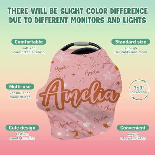 Image of Personalised Car Seat Cover for Babies - Multi-use Pink Carseat Canopy Cover with Name, Car Seat Covers, Christmas Birthday Gifts for Infant Boys and Girls