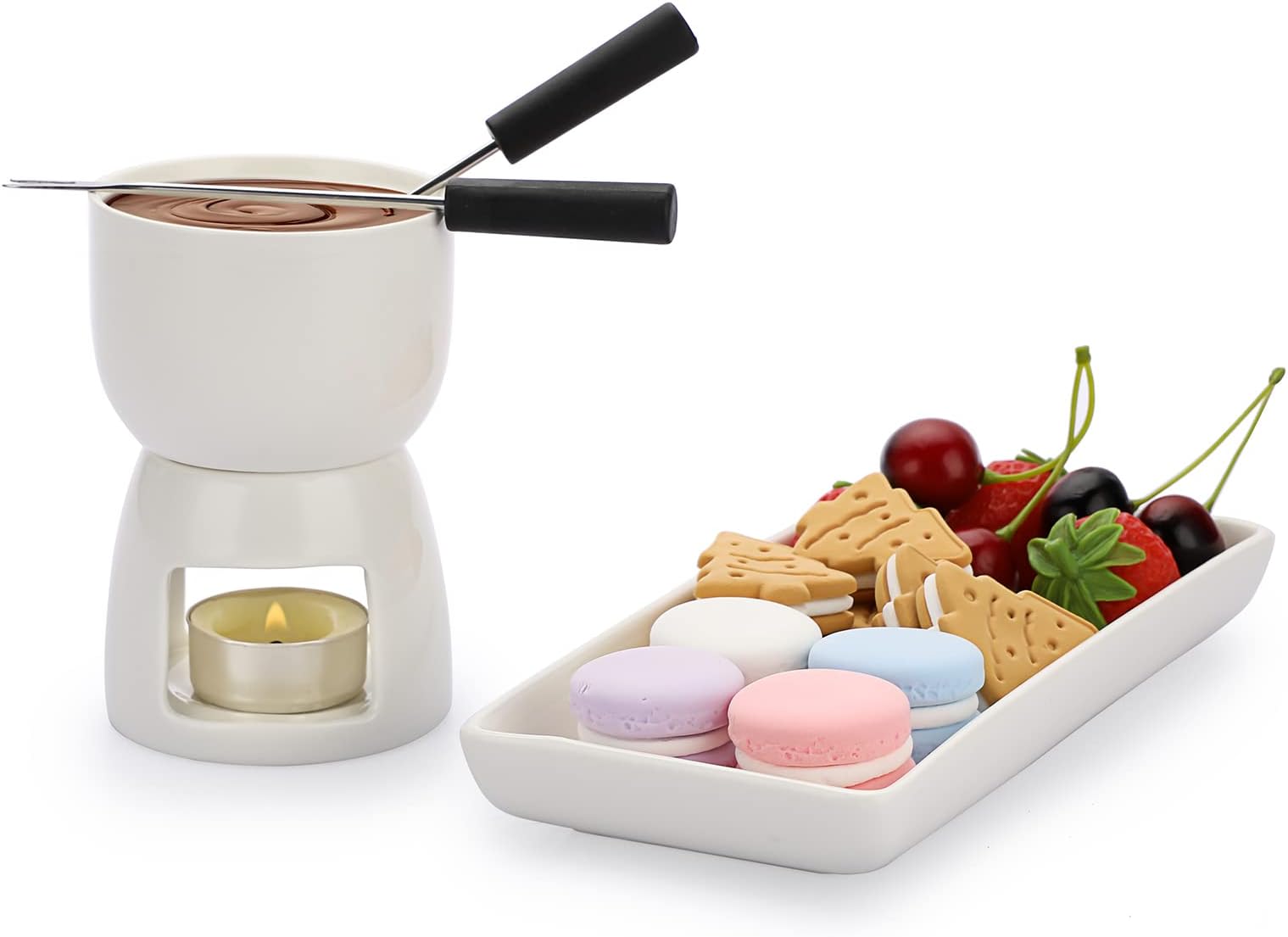 BSTKEY 150ML Ceramic Butter Warmer Set with Rectangle Dish, Mini Fondue Pot, Melt Pot Bowl for Cheese, Chocolate, Butter, Caramel, with 2 Forks