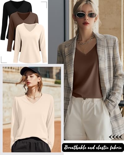 Ficerd 3 Pack Women's Long Sleeve Shirts, V Neck Cotton Casual Tops Loose Fit Solid Soft T-Shirts Curved Hem Basic Tees 20252
