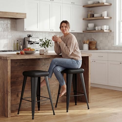 Image of Yongchuang Black Bar Stools Set of 2, 24 inch Upholstered Counter Stools with Metal Legs PU Leather Modern Backless Kitchen Barstools